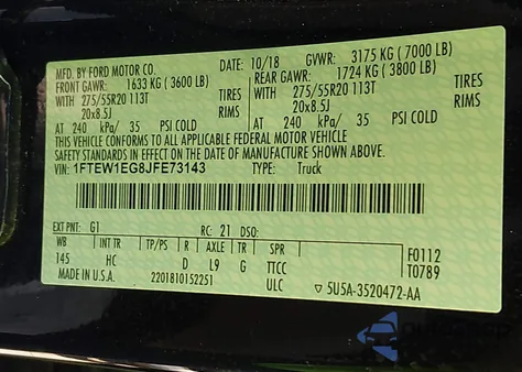 2018 Ford F-150 Lariat из США, поврежденный, VIN 1FTEW1EG8JFE73143